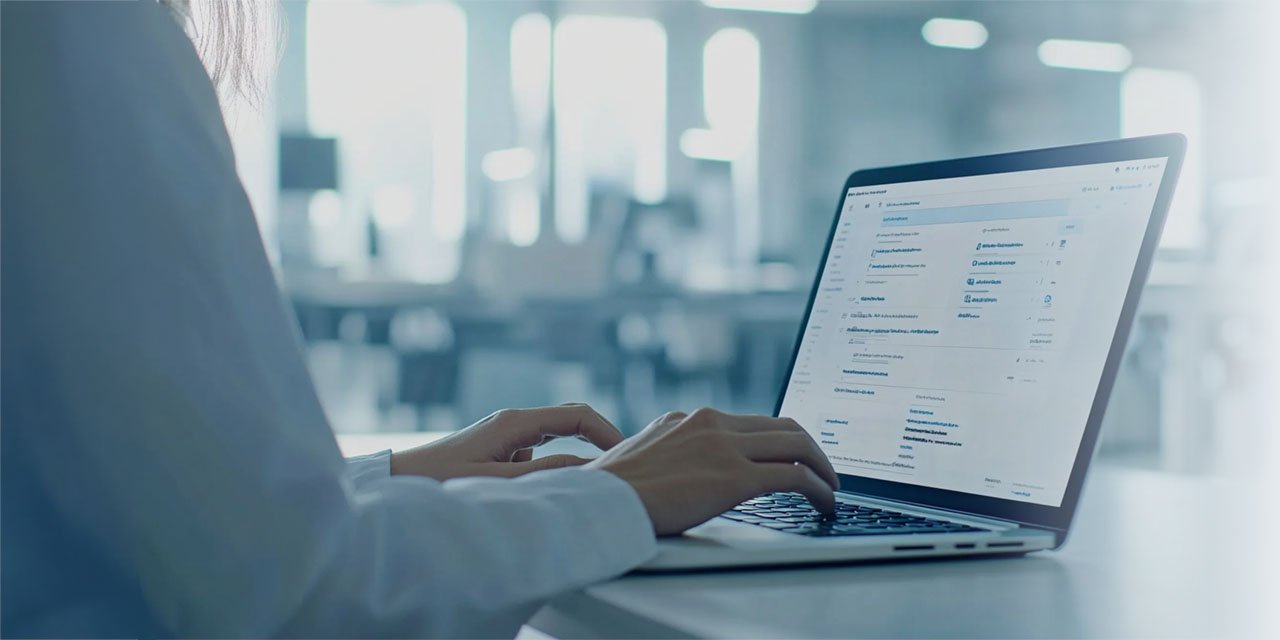 Business professional working on AI chat interface in a modern, bright office.