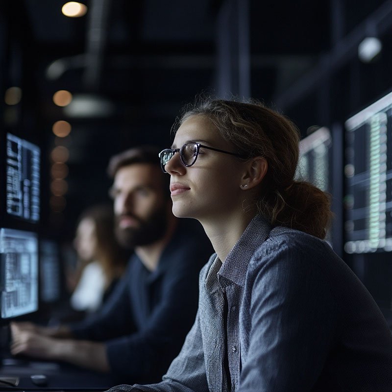 Jeunes professionnels de l’informatique travaillant dans l’administration des systèmes et la cybersécurité, illustrant les débouchés offerts après la formation certifiante RNCP37680.