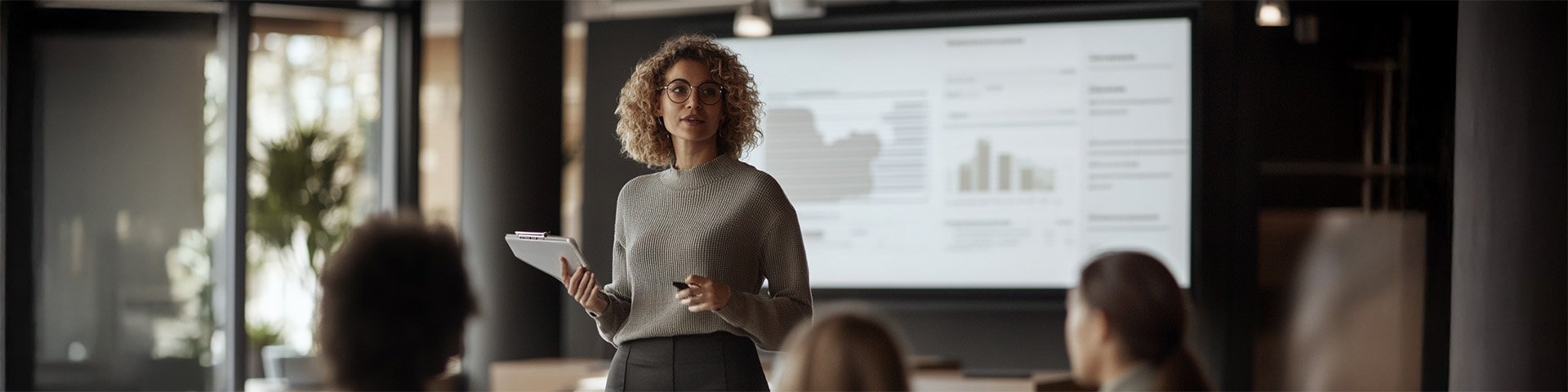 Professionals engaged in a corporate training session led by a trainer in a modern office.
