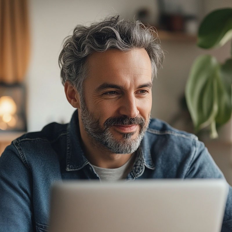 A person at a desk viewing a digital badge or certificate on their laptop, representing successful completion of a professional IT training program.