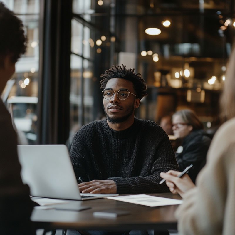 Un candidat présente son projet final devant un jury professionnel dans le cadre de la certification RNCP37680, dans un environnement de bureau moderne.