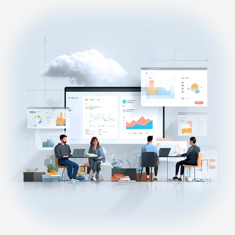 Illustration of an IT team collaborating in a modern office with cloud diagrams and data on screen