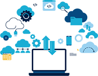 Illustration of cloud computing with download icons, gears, folders, and code symbols representing AWS Skill Builder training tools and resources.