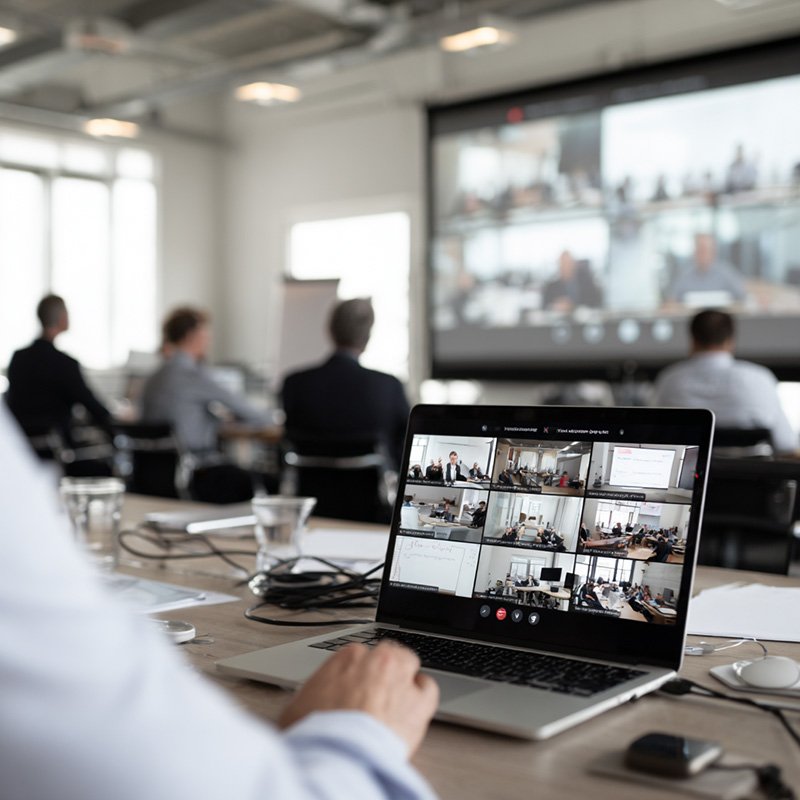 Virtual AWS training session with diverse professionals participating in instructor-led online classes, laptops and digital collaboration in a modern workspace