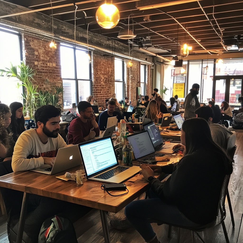 Diverse professionals working in a busy shared workspace with an industrial design