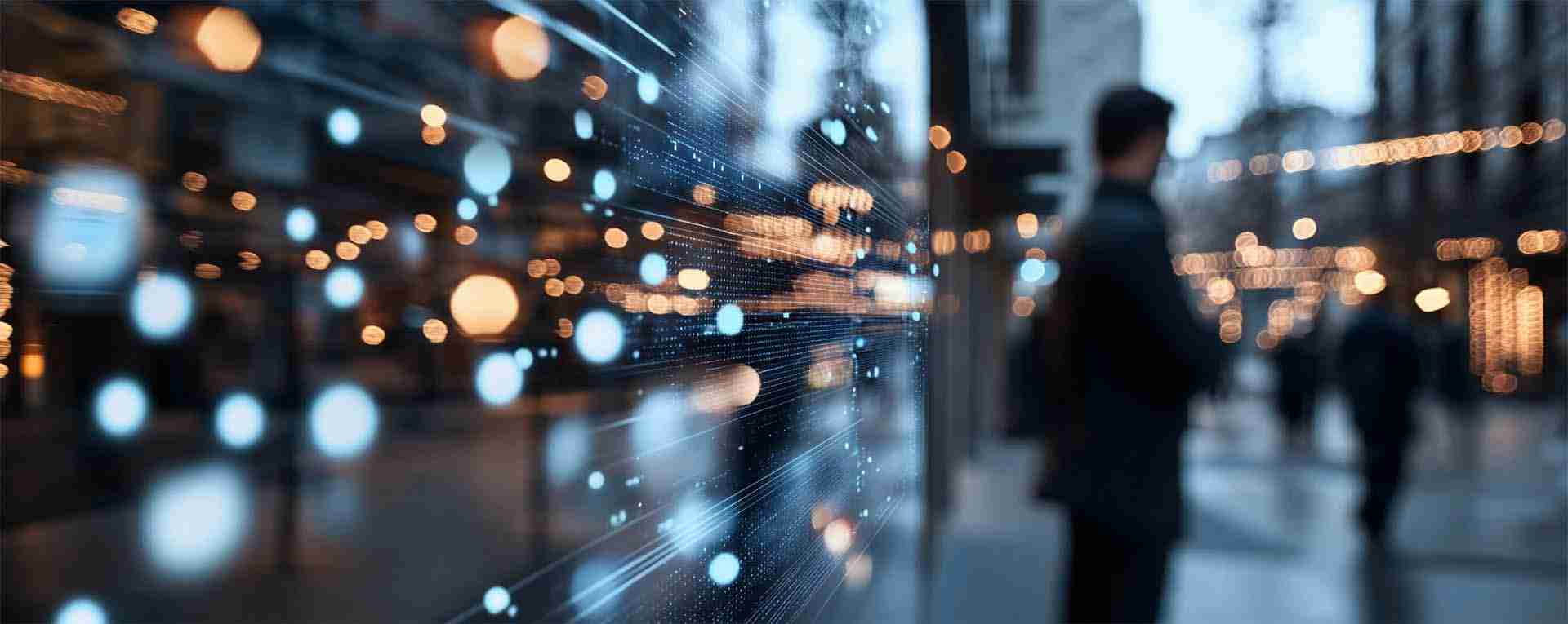 Futuristic AI interface overlayed on a business setting