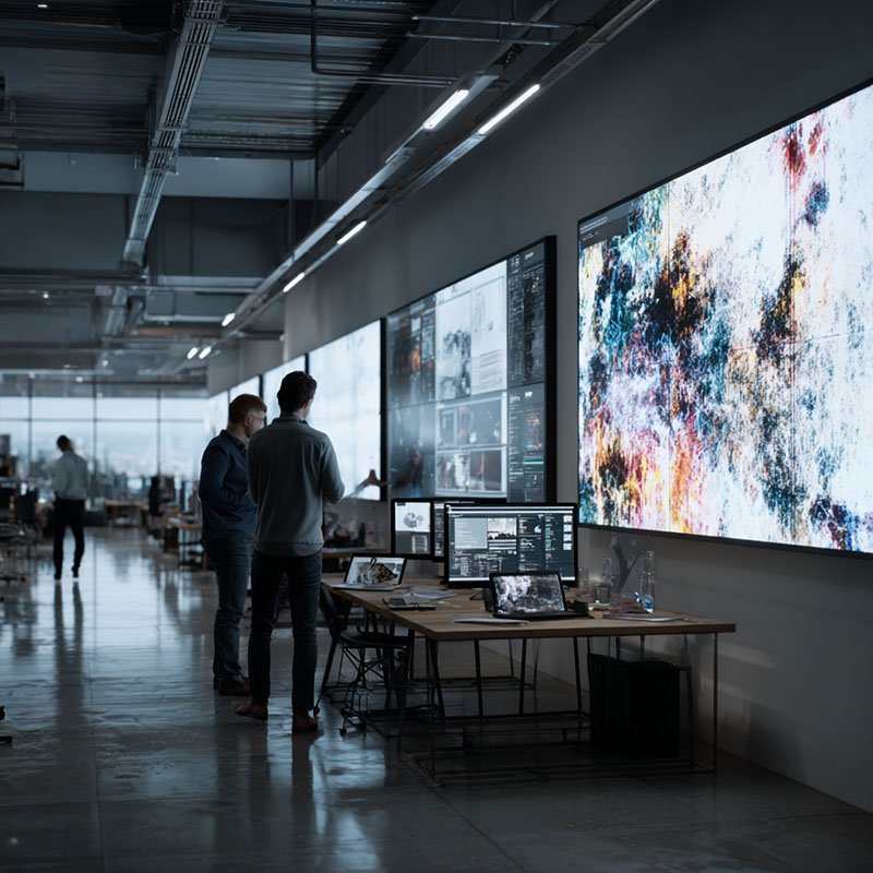 Team collaborating in a modern workspace with abstract visuals representing generative AI tools and processes