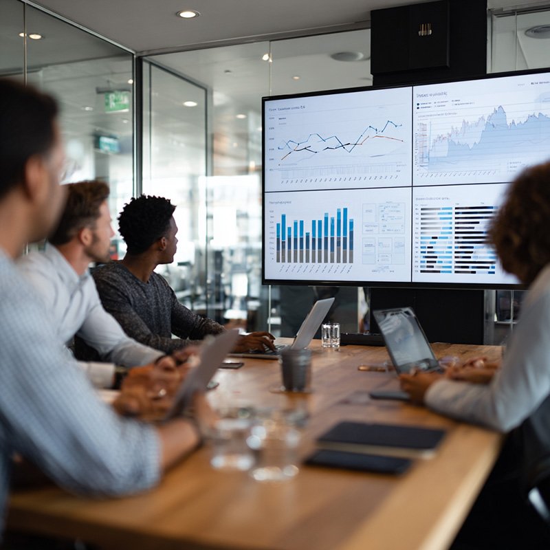 Corporate team reviewing learning performance metrics and ROI data