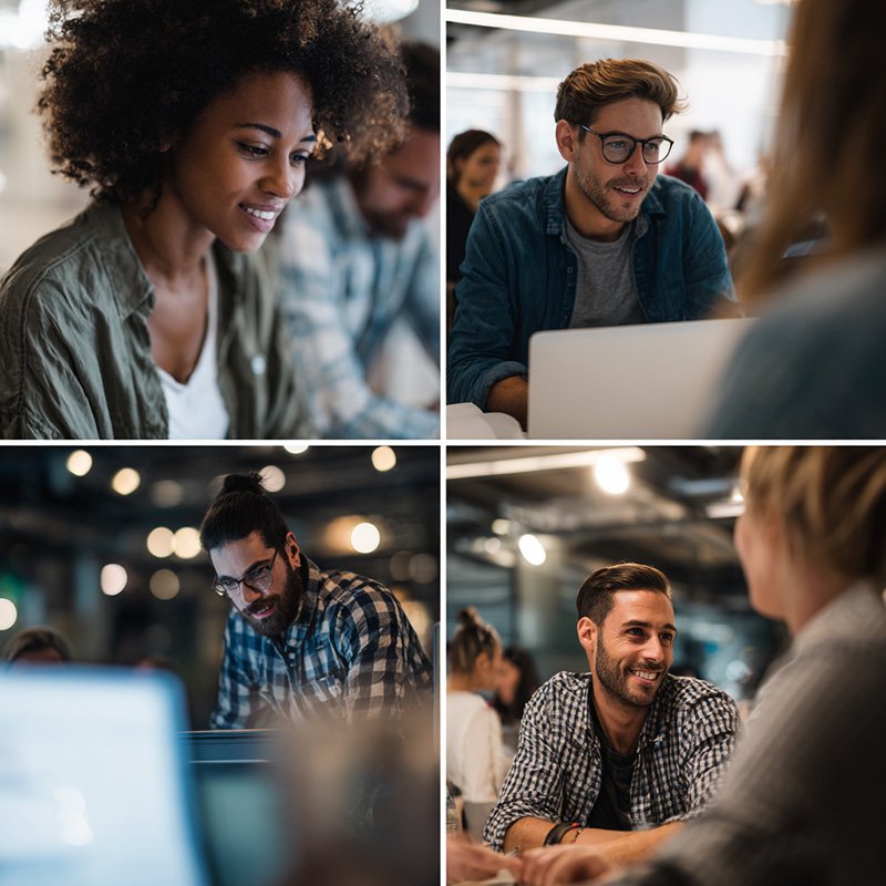 Corporate learners engaged in blended training activities, including live instruction, hands-on projects, and self-paced learning, representing a flexible and immersive learning approach.