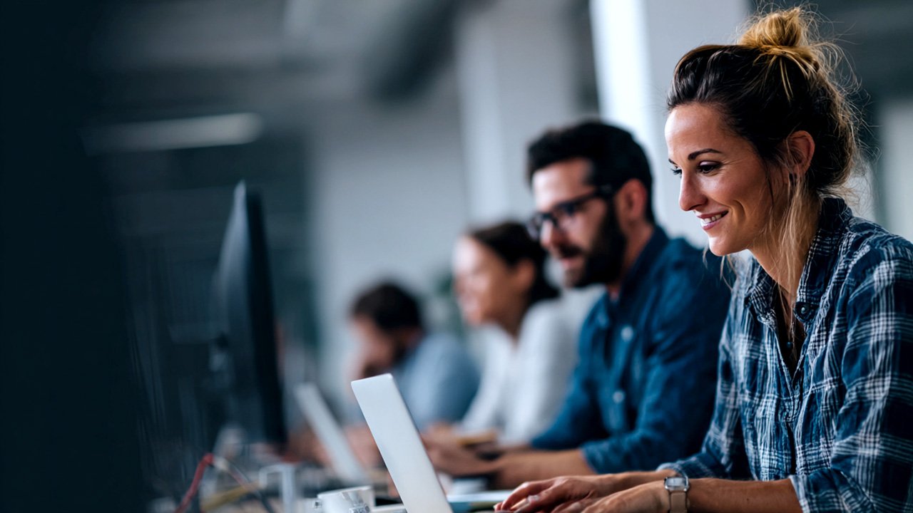 Corporate learning team using an LMS platform in a modern office
