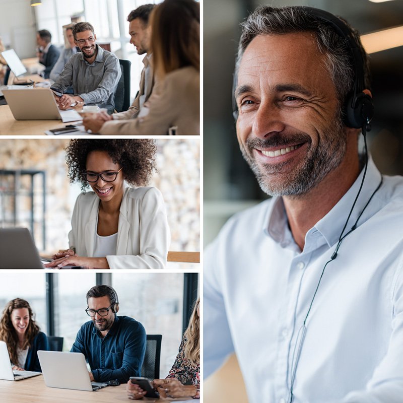 Collage of corporate learning activities including LMS use, mobile learning, real-time analytics, and global team collaboration.