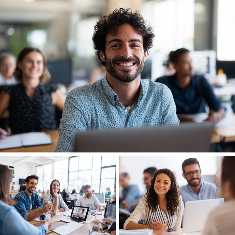 Collage of real-world corporate training scenarios including onboarding, cloud skills development, and global team collaboration using LMS tools.