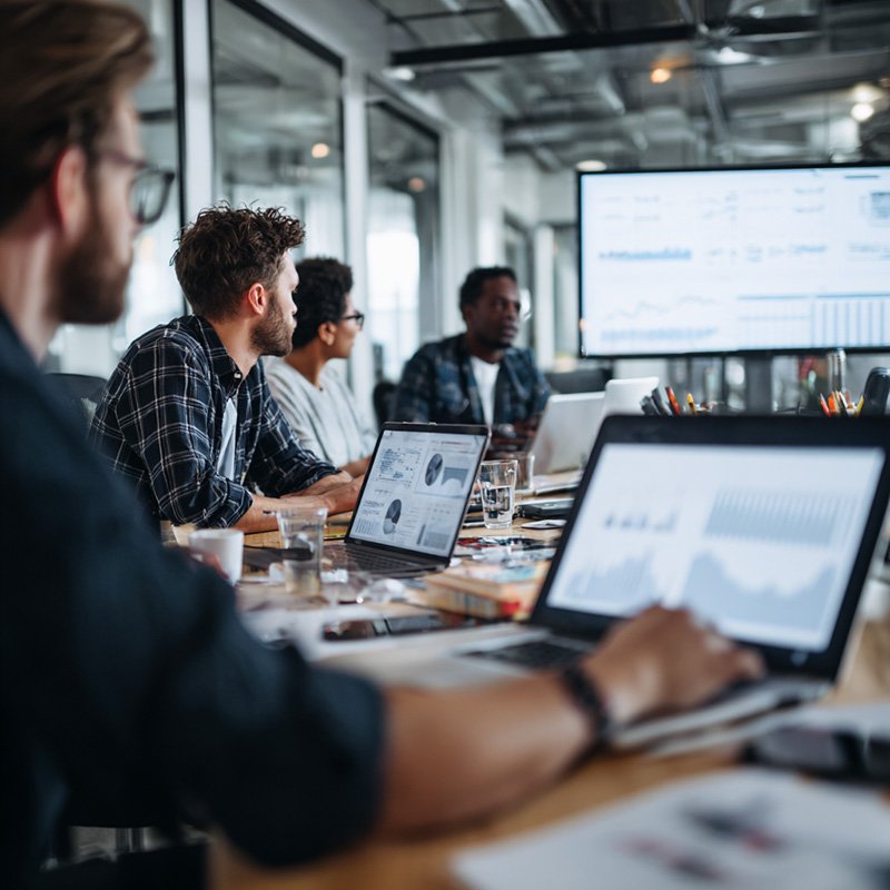 Corporate team collaborating on digital training performance reviews and workforce development strategies in a modern office.