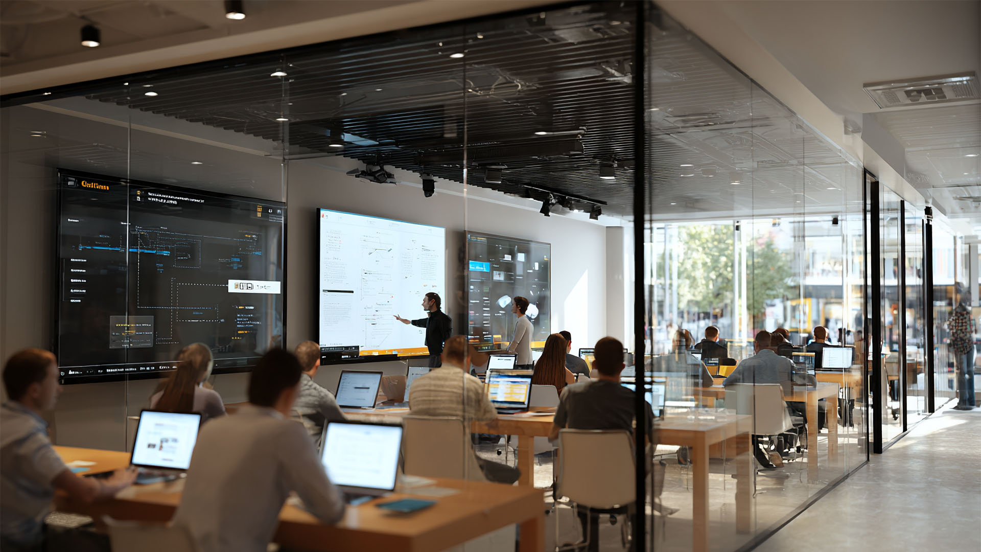 Diverse group of IT professionals and an instructor collaborating in a modern training room, working with mainframe systems on large monitors during a hands-on bootcamp.
