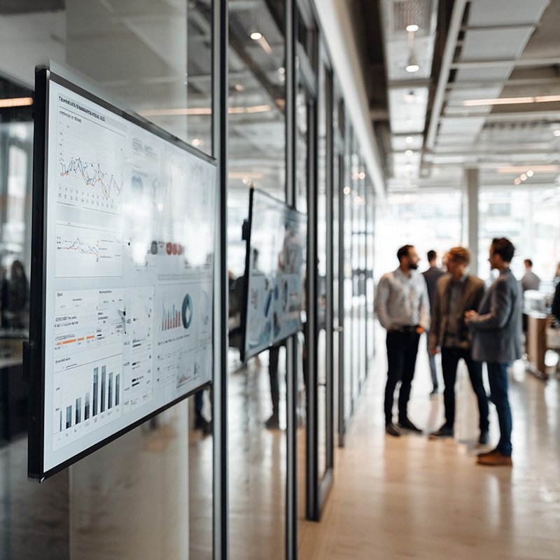 Corporate team reviewing training performance and ROI metrics from a Managed Learning Services program in a modern office environment.