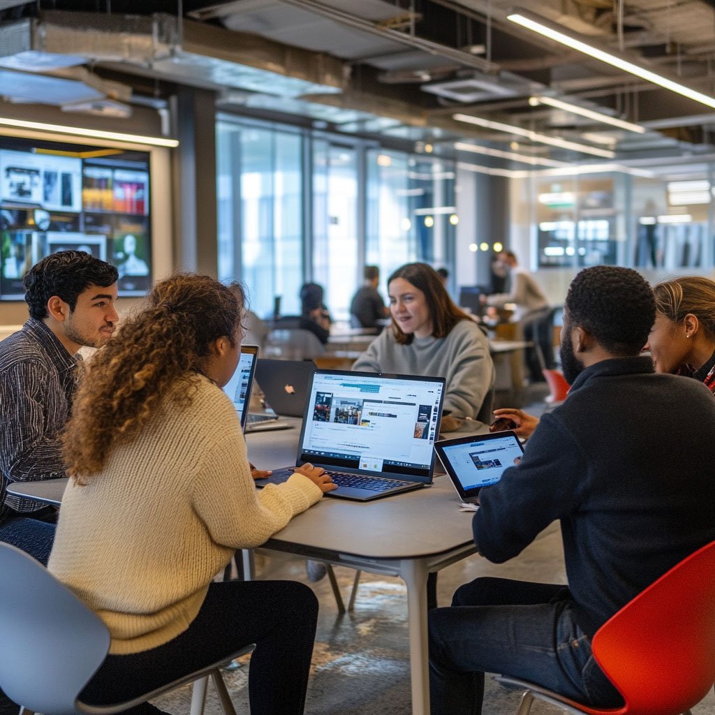 Diverse professionals collaborating in a modern workspace using laptops and tablets