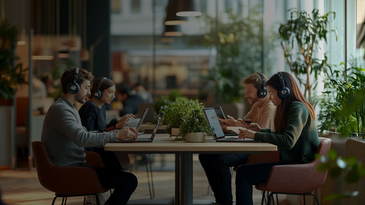 Professionals collaborating in a modern, open workspace while using Mondly by Pearson for language training; some wear headsets for speaking practice, others engage with tablets or laptops, highlighting flexible, interactive learning.