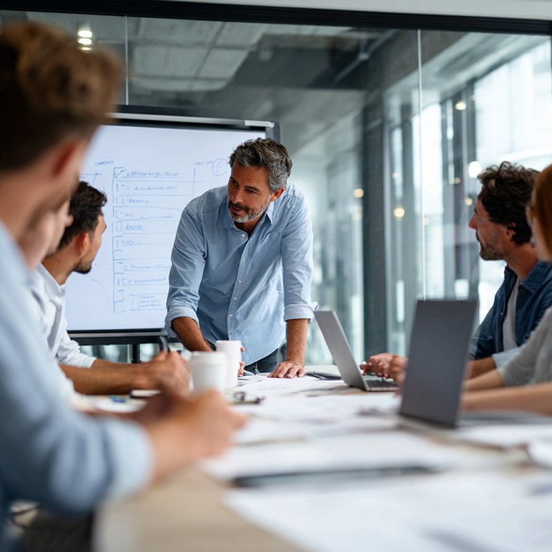 Corporate training session with a diverse team collaborating around a table while a trainer presents a step-by-step process on a whiteboard.