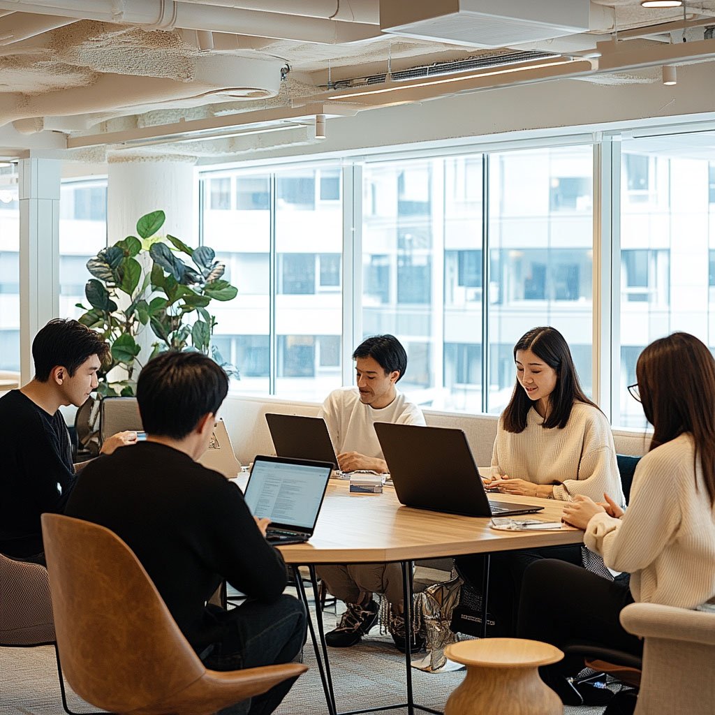 Professionals collaborating in a bright modern workspace