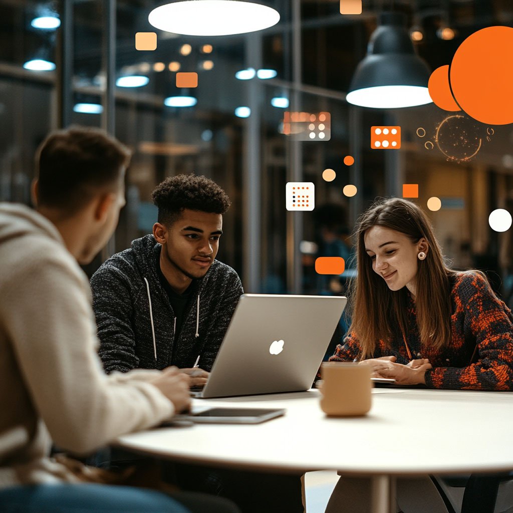 Team collaboration in a modern workspace with laptop