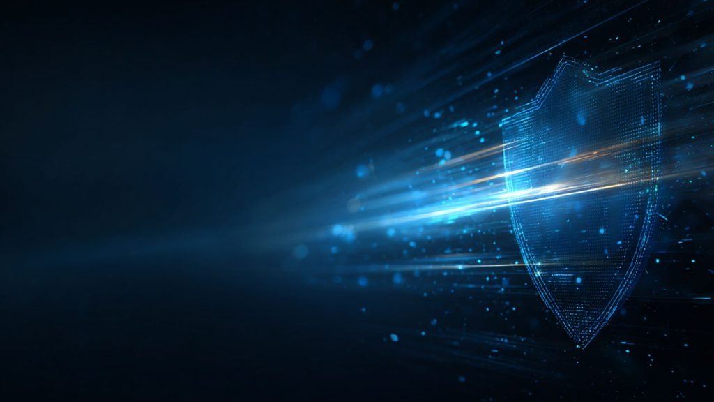 Abstract cybersecurity background, featuring glowing shield and data flow lines on the right, symbolizing digital security and resilience.