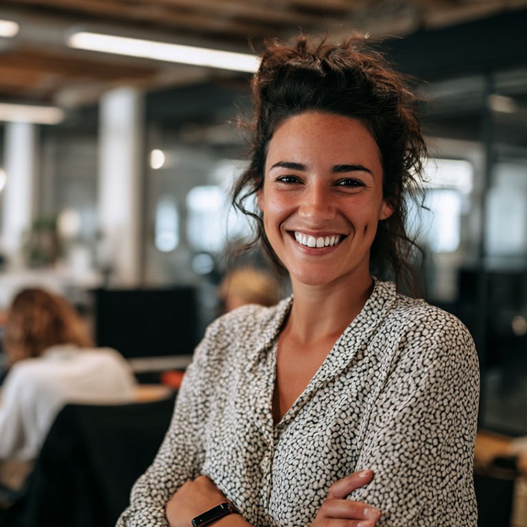 Smiling professional in a modern office representing career growth through IBM digital credentials and badges.